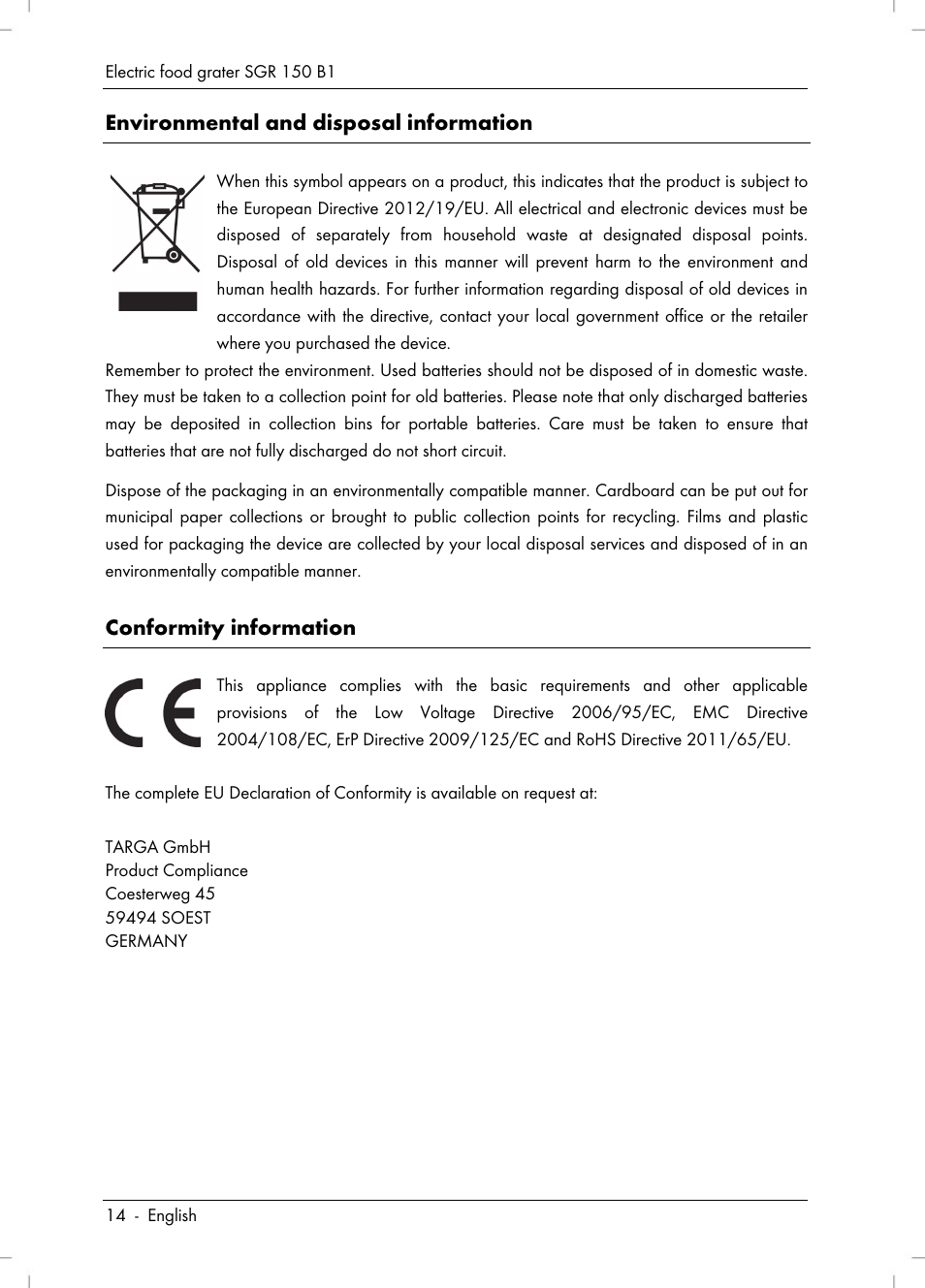 Environmental and disposal information, Conformity information | Silvercrest SGR 150 B1 User Manual | Page 16 / 122