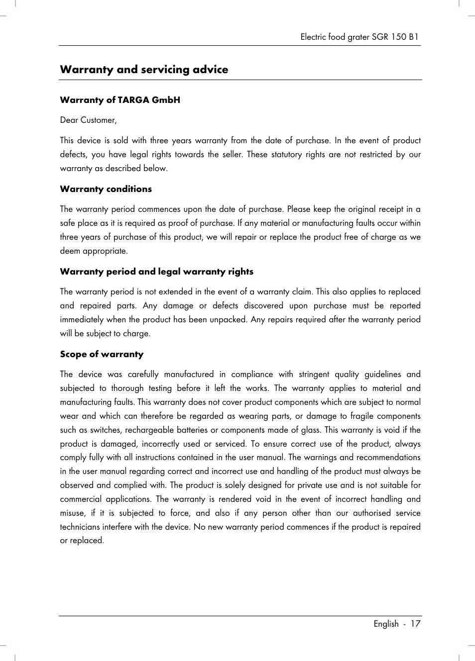 Warranty and servicing advice | Silvercrest SGR 150 B1 User Manual | Page 19 / 122