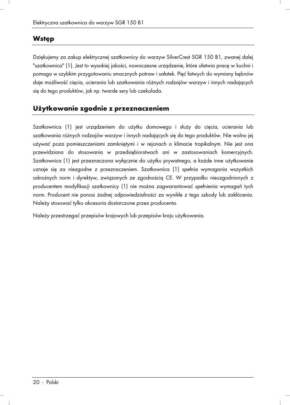 Wstęp, Użytkowanie zgodnie z przeznaczeniem | Silvercrest SGR 150 B1 User Manual | Page 22 / 122