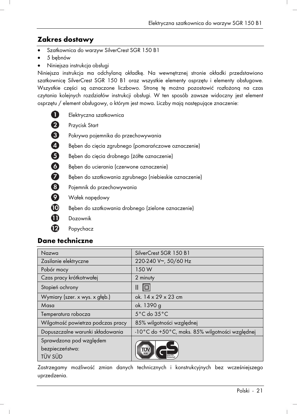 Zakres dostawy, Dane techniczne | Silvercrest SGR 150 B1 User Manual | Page 23 / 122