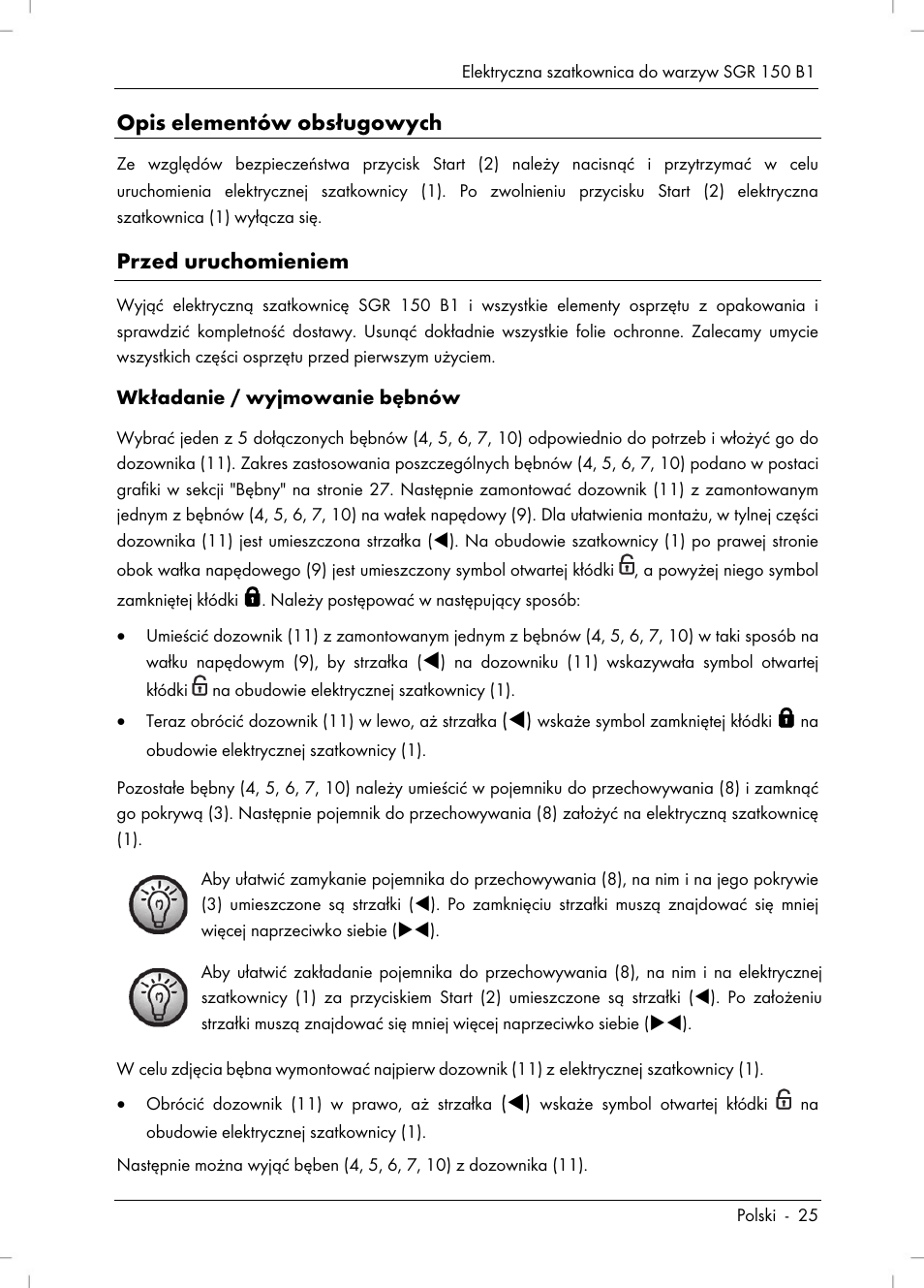 Opis elementów obsługowych, Przed uruchomieniem | Silvercrest SGR 150 B1 User Manual | Page 27 / 122
