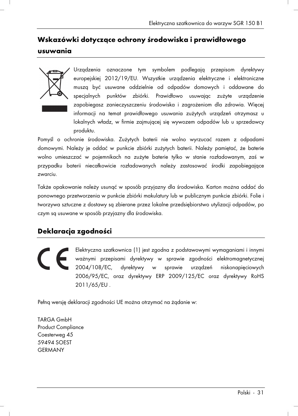 Deklaracja zgodności | Silvercrest SGR 150 B1 User Manual | Page 33 / 122