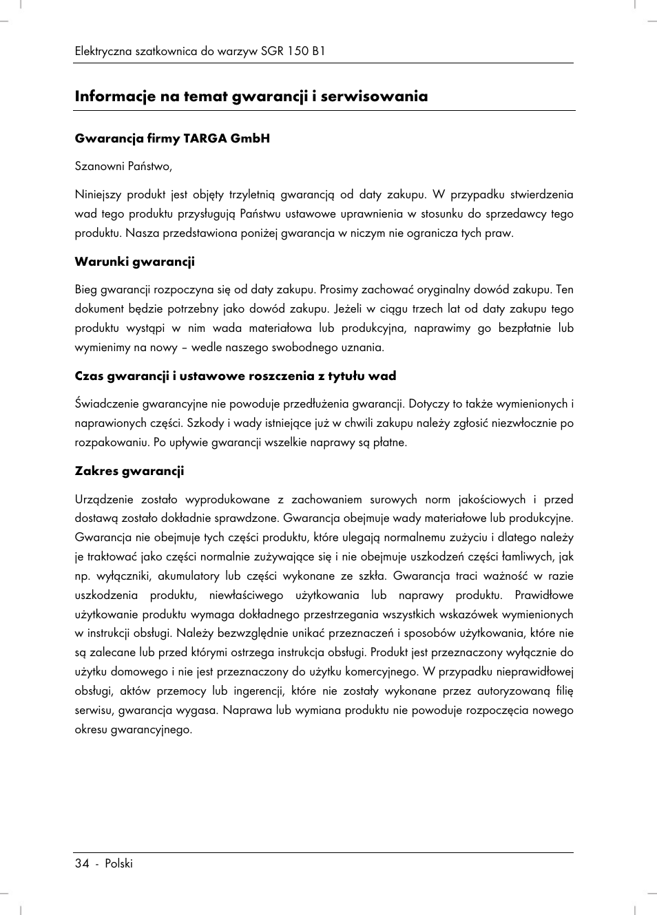 Informacje na temat gwarancji i serwisowania | Silvercrest SGR 150 B1 User Manual | Page 36 / 122