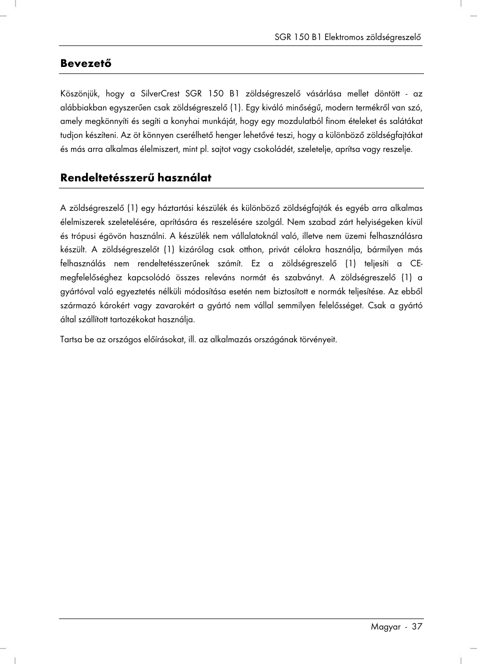 Bevezető, Rendeltetésszerű használat | Silvercrest SGR 150 B1 User Manual | Page 39 / 122