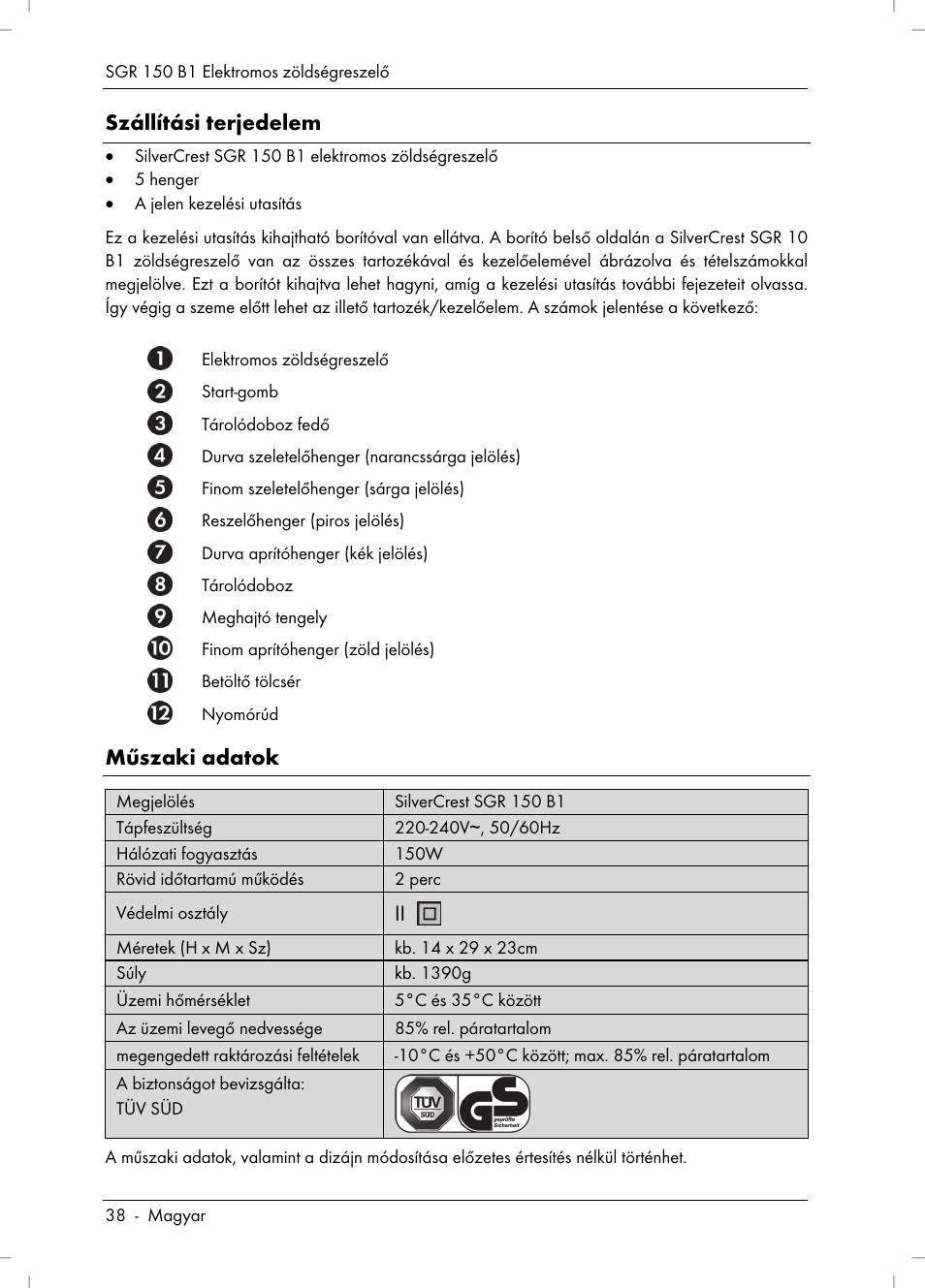 Szállítási terjedelem, Műszaki adatok | Silvercrest SGR 150 B1 User Manual | Page 40 / 122