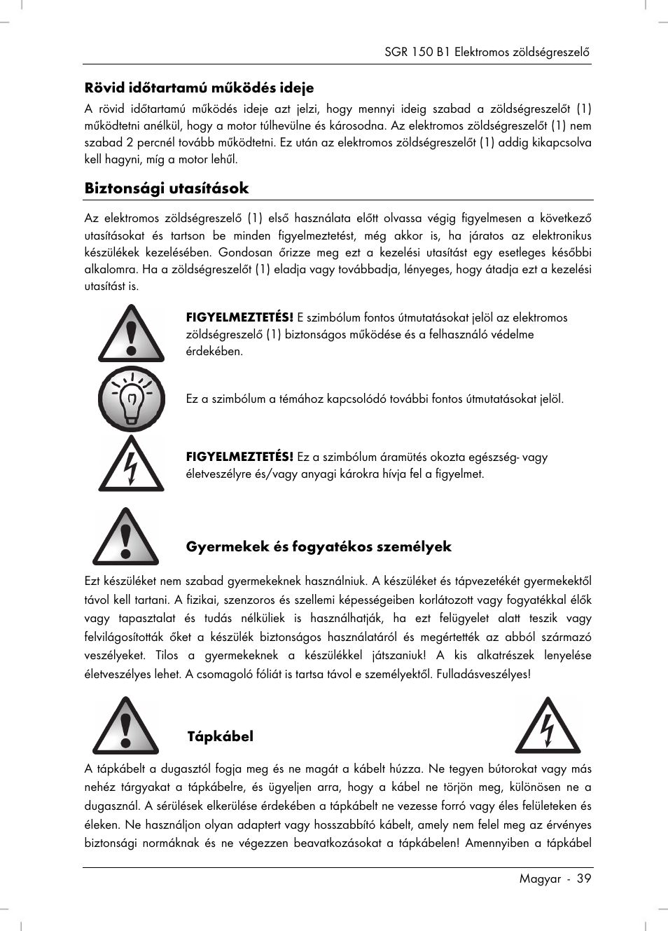 Biztonsági utasítások | Silvercrest SGR 150 B1 User Manual | Page 41 / 122