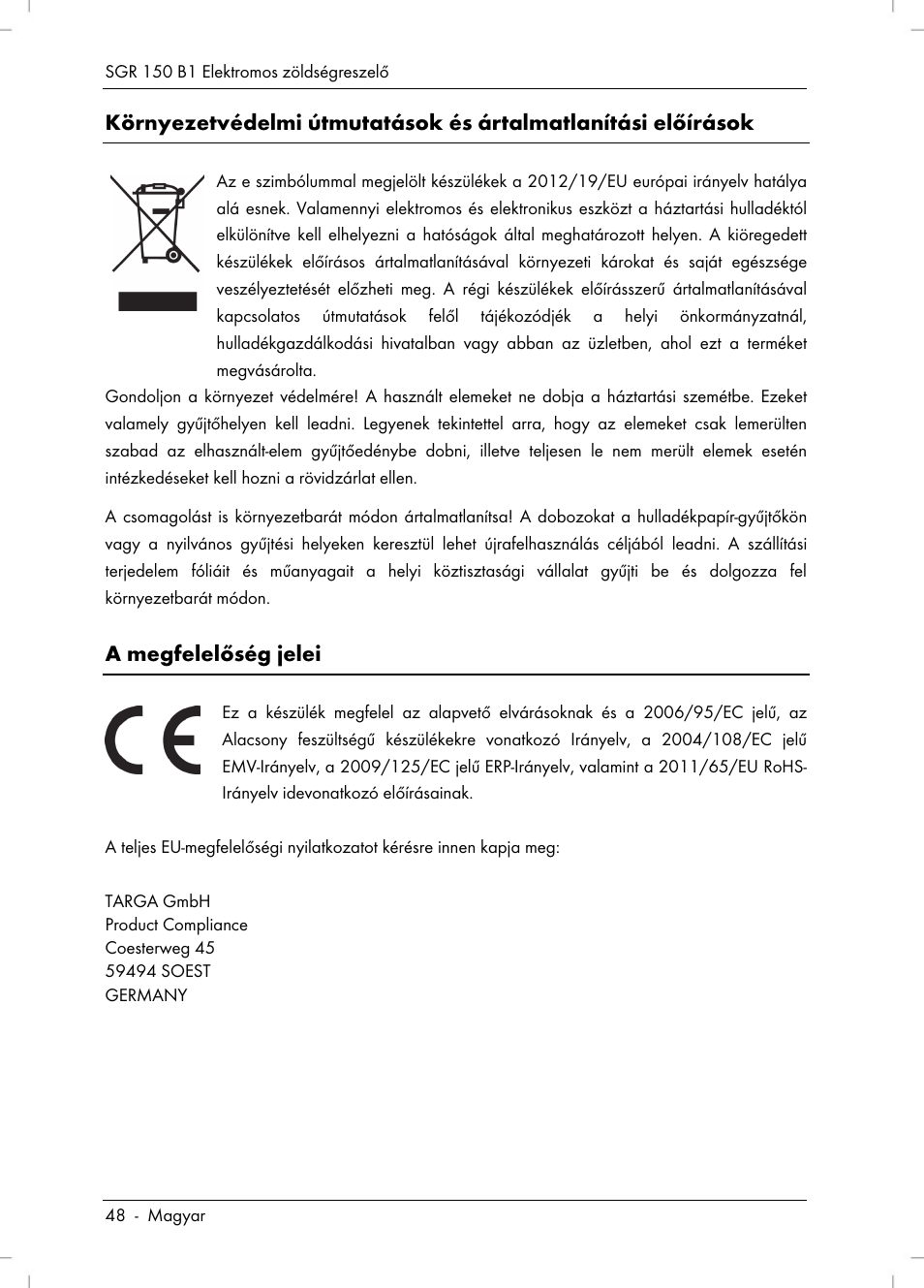 A megfelelőség jelei | Silvercrest SGR 150 B1 User Manual | Page 50 / 122