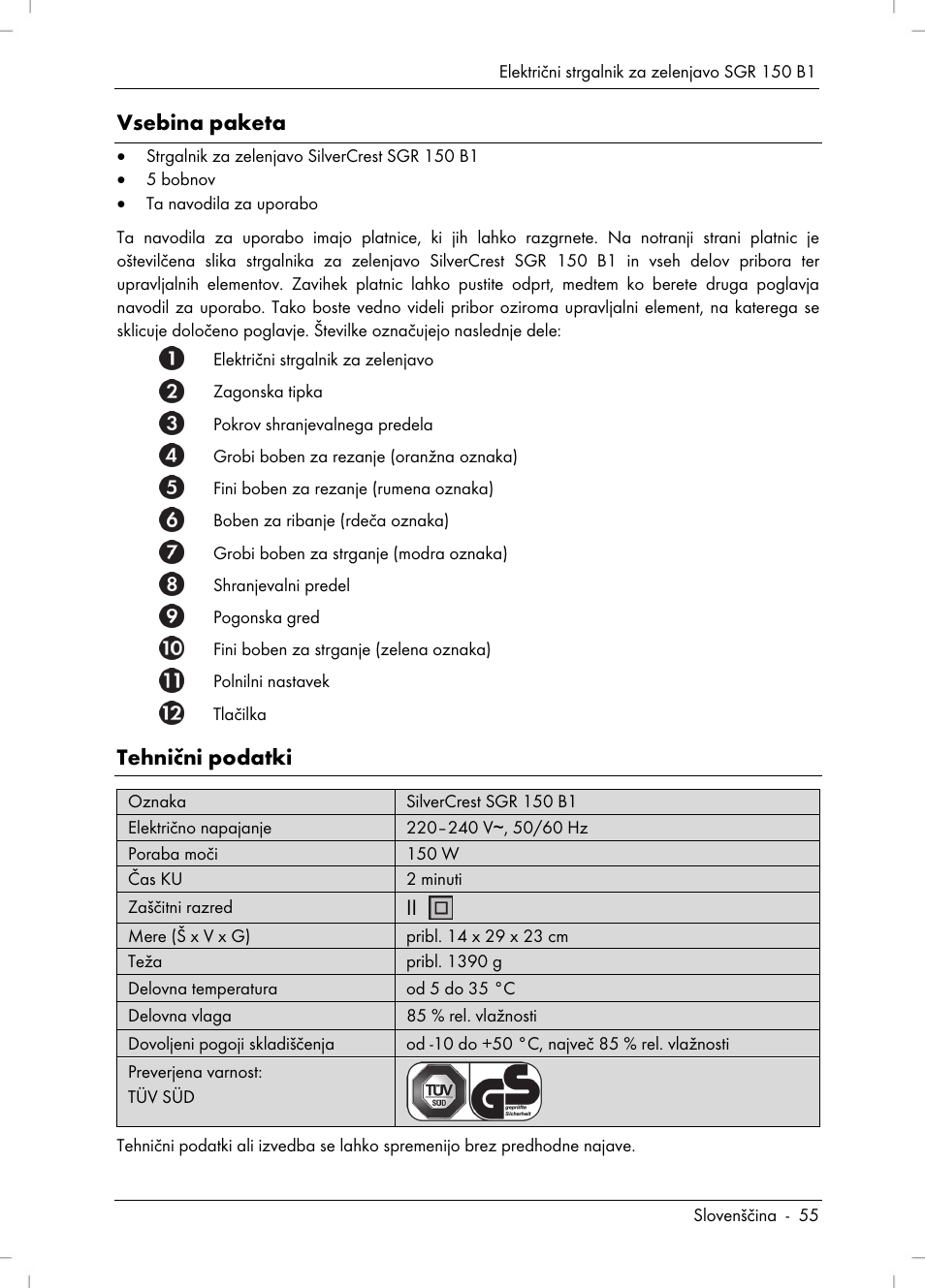 Vsebina paketa, Tehnični podatki | Silvercrest SGR 150 B1 User Manual | Page 57 / 122