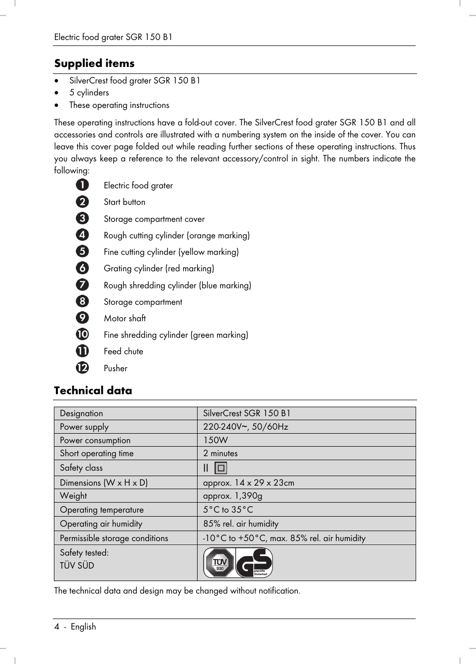 Supplied items, Technical data | Silvercrest SGR 150 B1 User Manual | Page 6 / 122