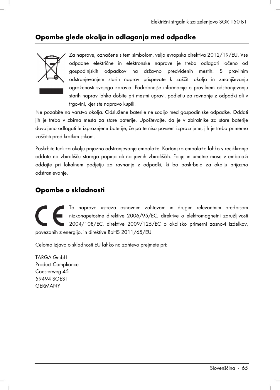 Opombe glede okolja in odlaganja med odpadke, Opombe o skladnosti | Silvercrest SGR 150 B1 User Manual | Page 67 / 122