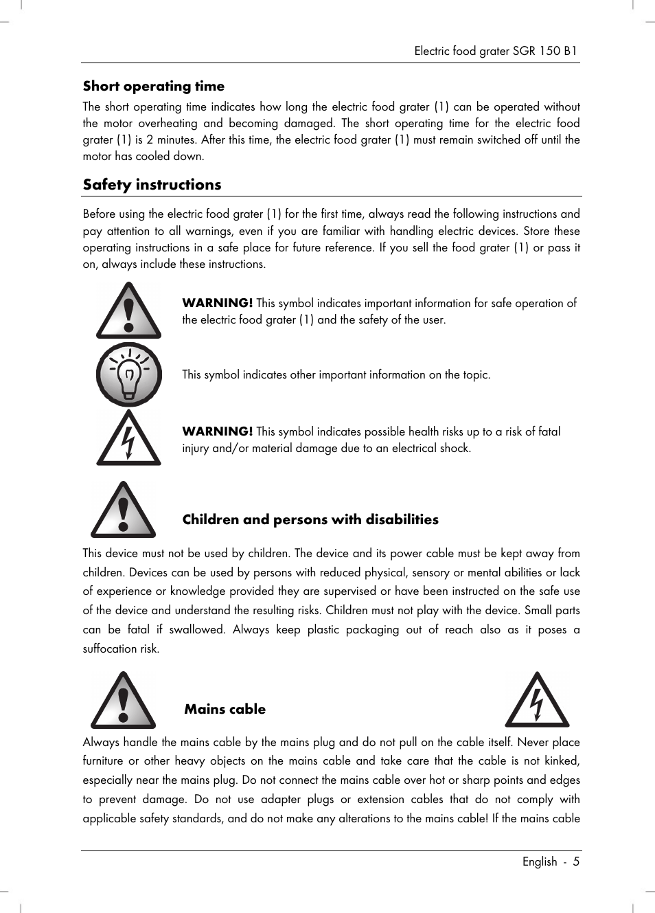 Safety instructions | Silvercrest SGR 150 B1 User Manual | Page 7 / 122