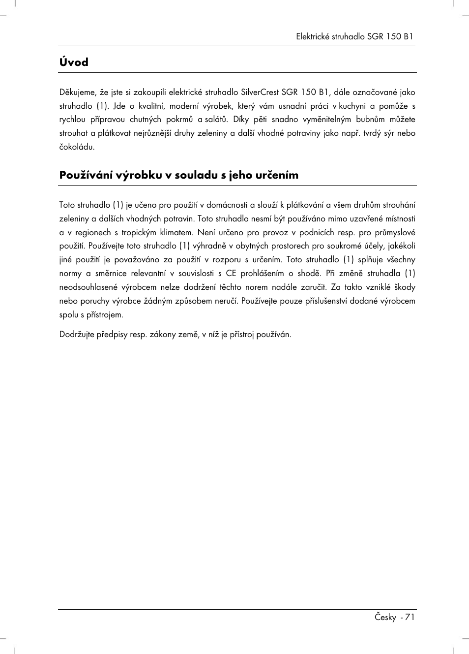 Úvod, Používání výrobku v souladu s jeho určením | Silvercrest SGR 150 B1 User Manual | Page 73 / 122