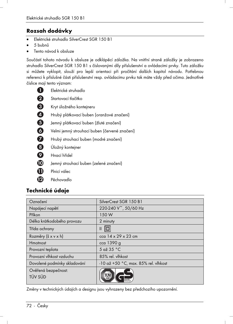Rozsah dodávky, Technické údaje | Silvercrest SGR 150 B1 User Manual | Page 74 / 122
