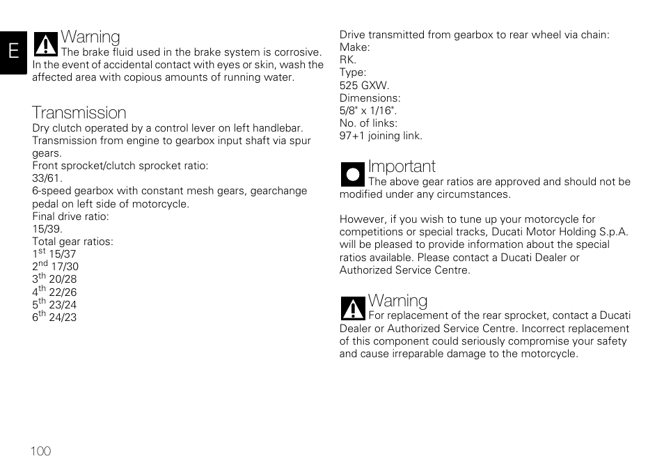 Warning, Transmission, Important | Ducati 848 User Manual | Page 101 / 122