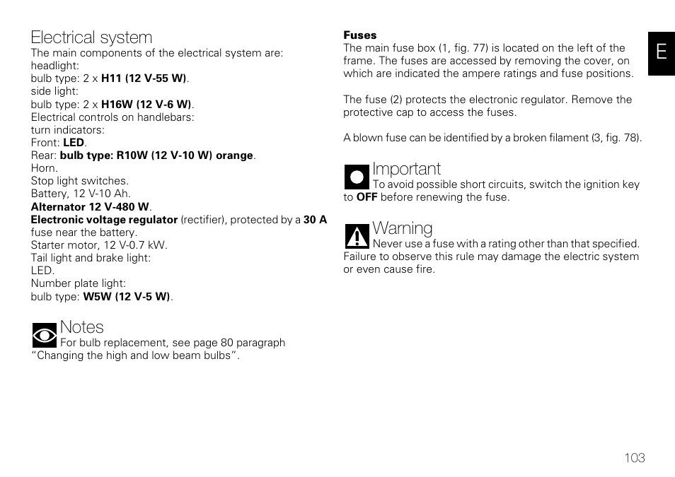 Electrical system, Important, Warning | Ducati 848 User Manual | Page 104 / 122