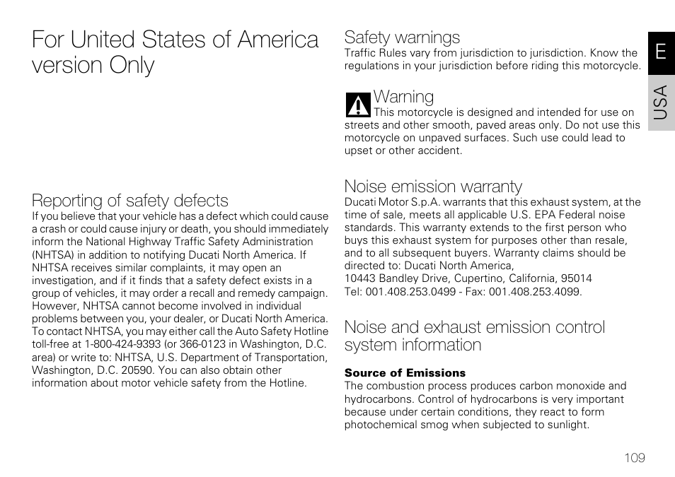 For united states of america version only | Ducati 848 User Manual | Page 110 / 122
