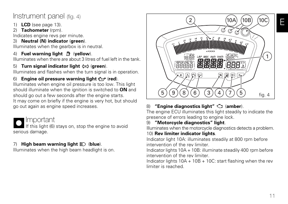 Instrument panel, Important | Ducati 848 User Manual | Page 12 / 122