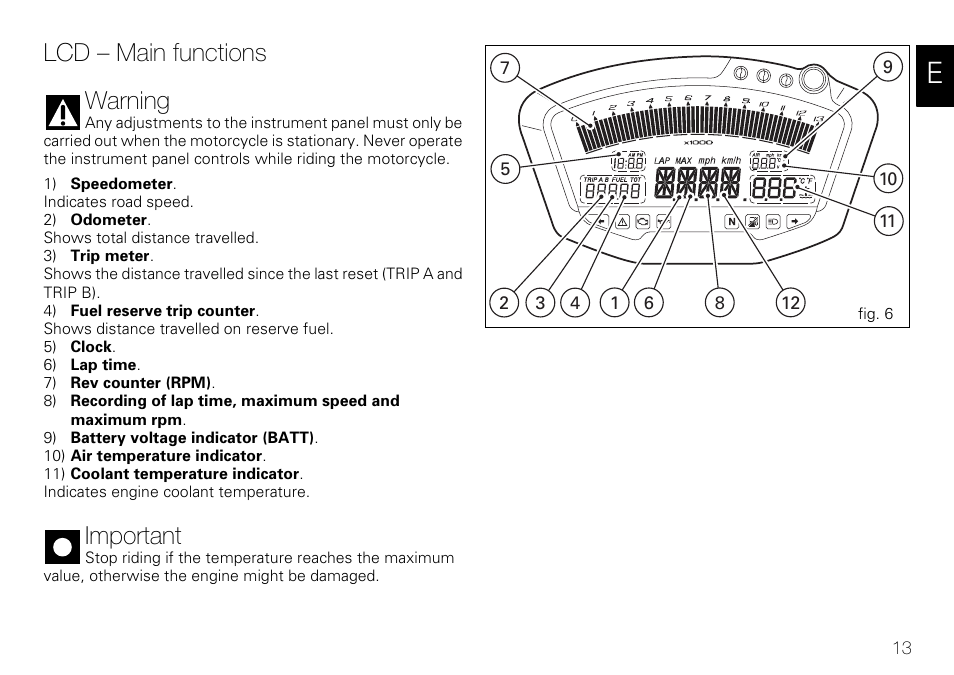 Lcd – main functions warning, Important | Ducati 848 User Manual | Page 14 / 122