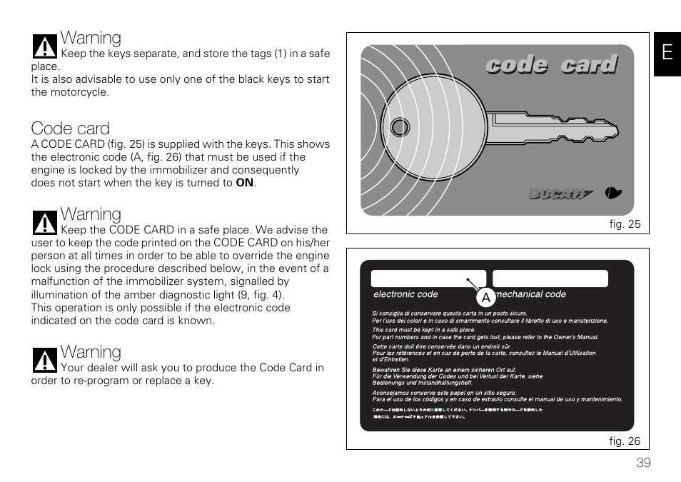 Warning, Code card | Ducati 848 User Manual | Page 40 / 122