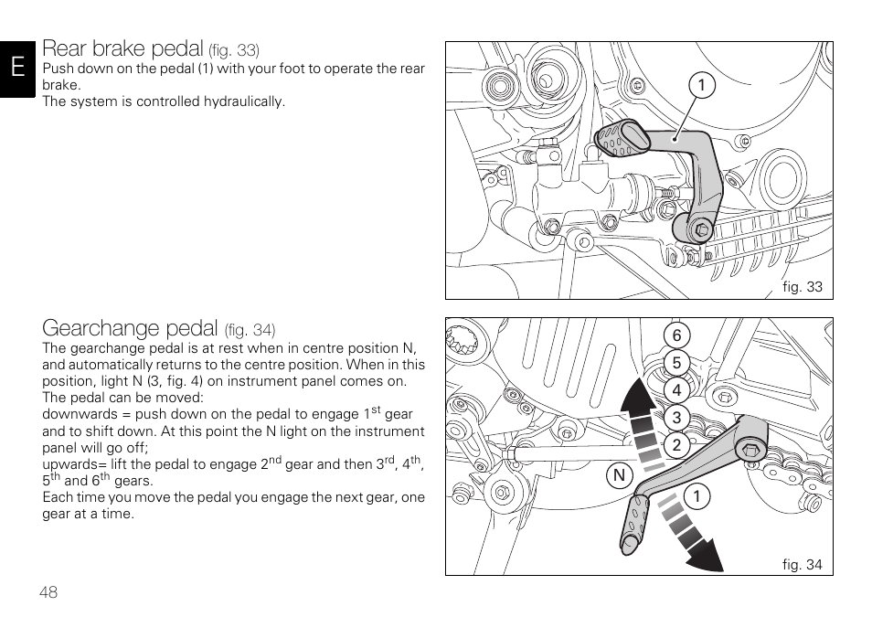 Rear brake pedal, Gearchange pedal | Ducati 848 User Manual | Page 49 / 122