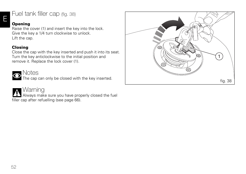 Fuel tank filler cap, Warning | Ducati 848 User Manual | Page 53 / 122