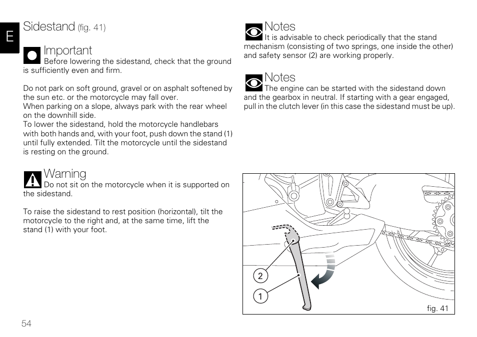 Sidestand, Important, Warning | Ducati 848 User Manual | Page 55 / 122