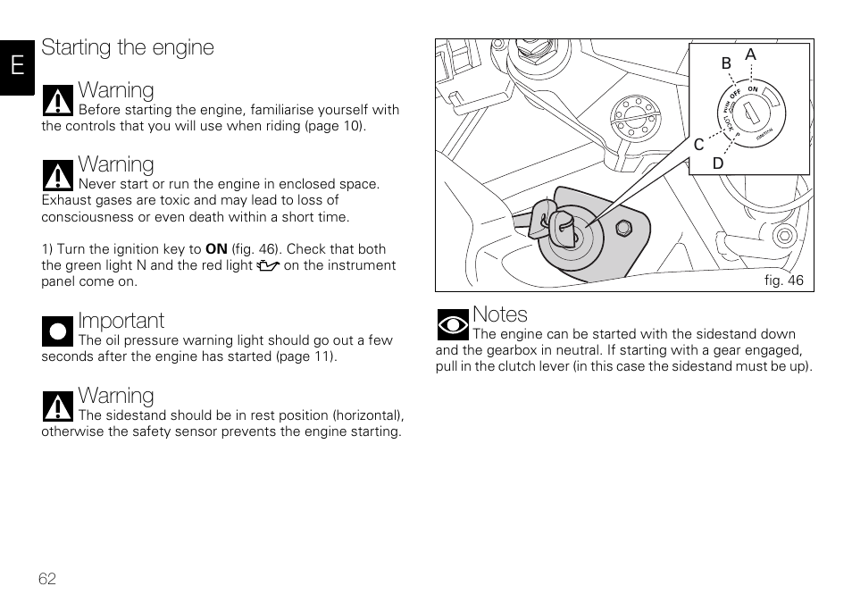 Starting the engine warning, Warning, Important | Ducati 848 User Manual | Page 63 / 122