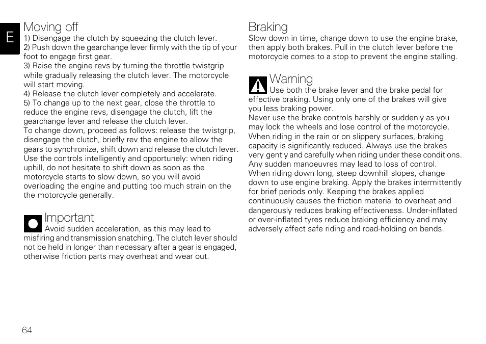 Moving off, Important, Braking | Warning | Ducati 848 User Manual | Page 65 / 122