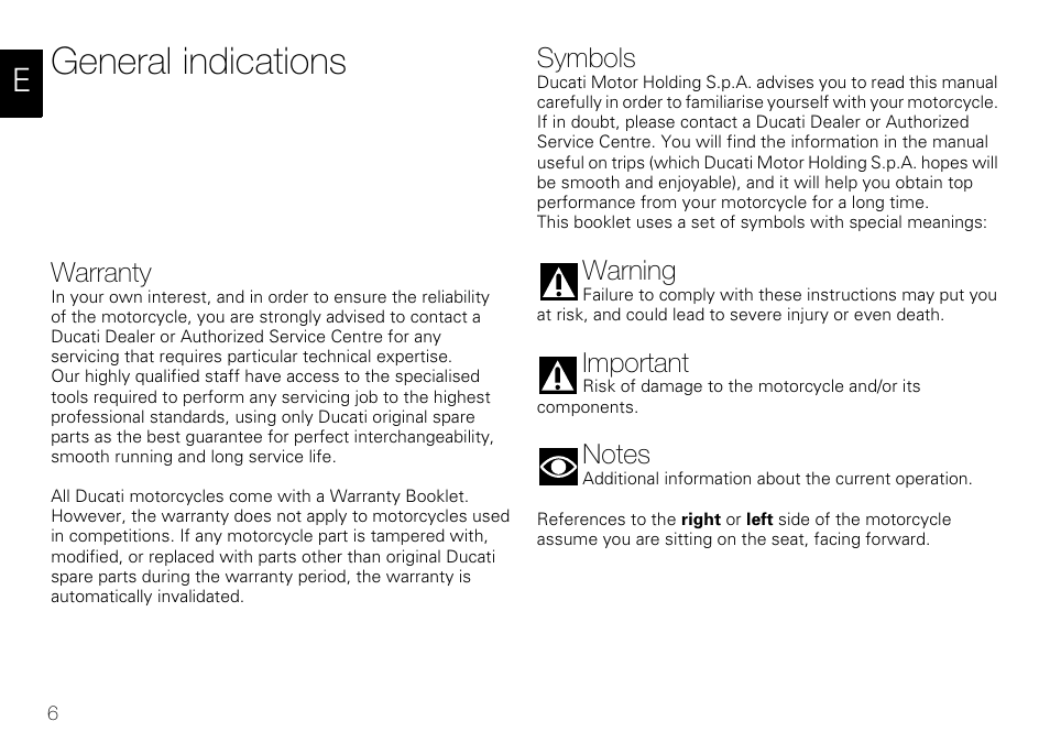 General indications, Warranty, Symbols | Warning, Important | Ducati 848 User Manual | Page 7 / 122