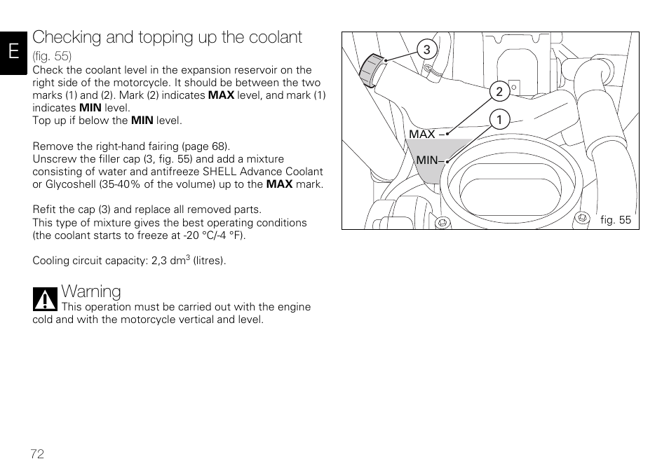 Checking and topping up the coolant, Warning | Ducati 848 User Manual | Page 73 / 122