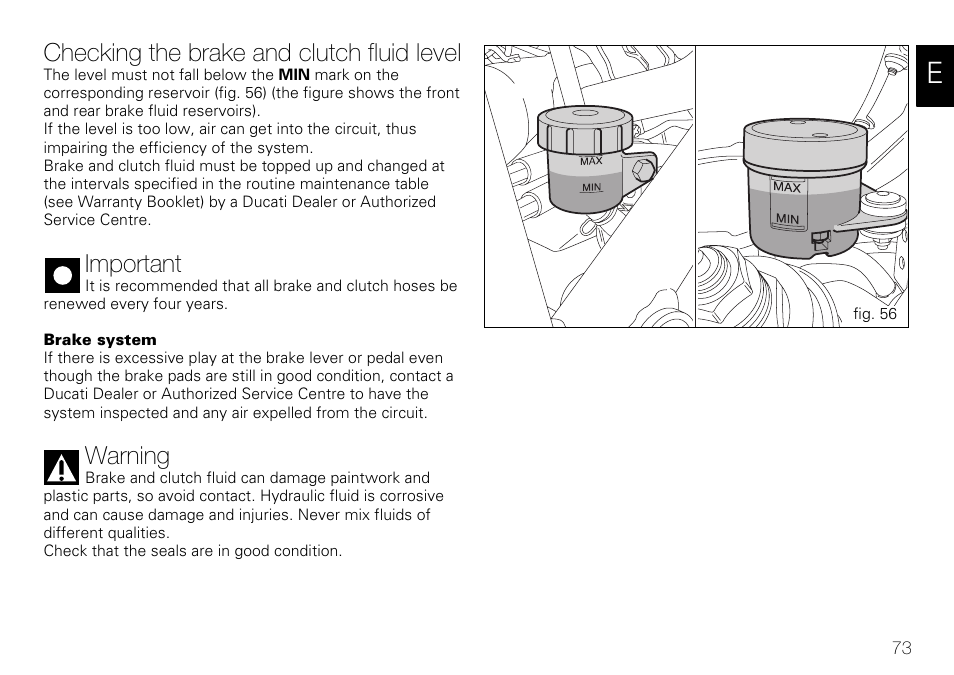 Checking the brake and clutch fluid level, Important, Warning | Ducati 848 User Manual | Page 74 / 122