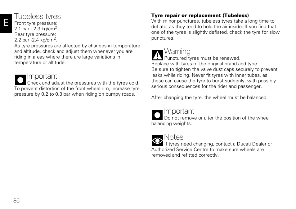 Tubeless tyres, Important, Warning | Ducati 848 User Manual | Page 87 / 122