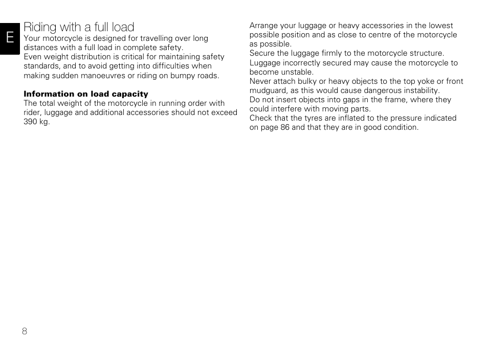 Riding with a full load | Ducati 848 User Manual | Page 9 / 122