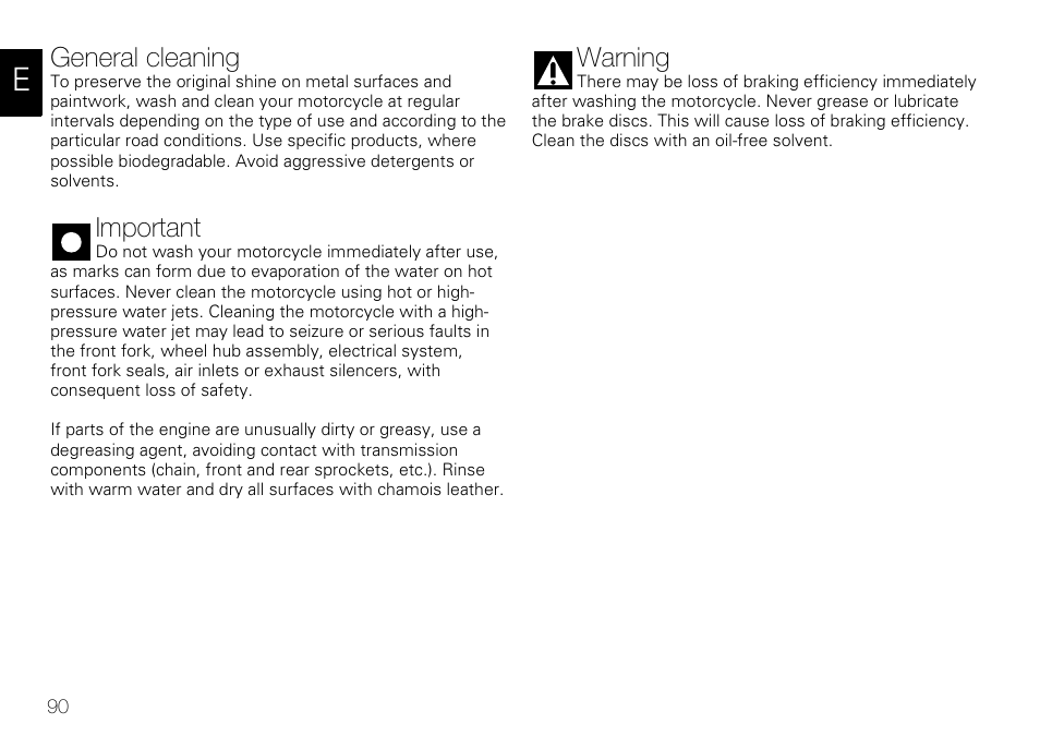 General cleaning, Important, Warning | Ducati 848 User Manual | Page 91 / 122
