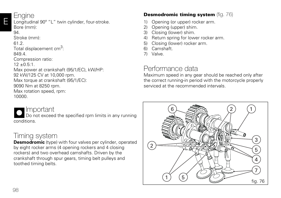 Engine, Important, Timing system | Performance data | Ducati 848 User Manual | Page 99 / 122