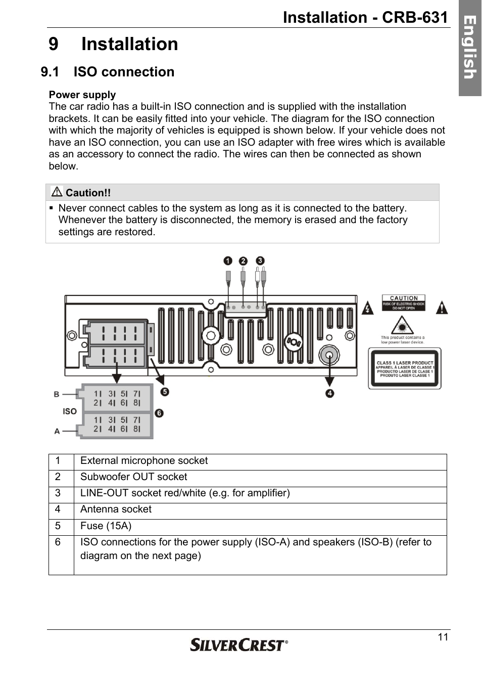 9 installation, Installation - crb-631, En g lish | 1 iso connection | Silvercrest CRB-631 User Manual | Page 11 / 44