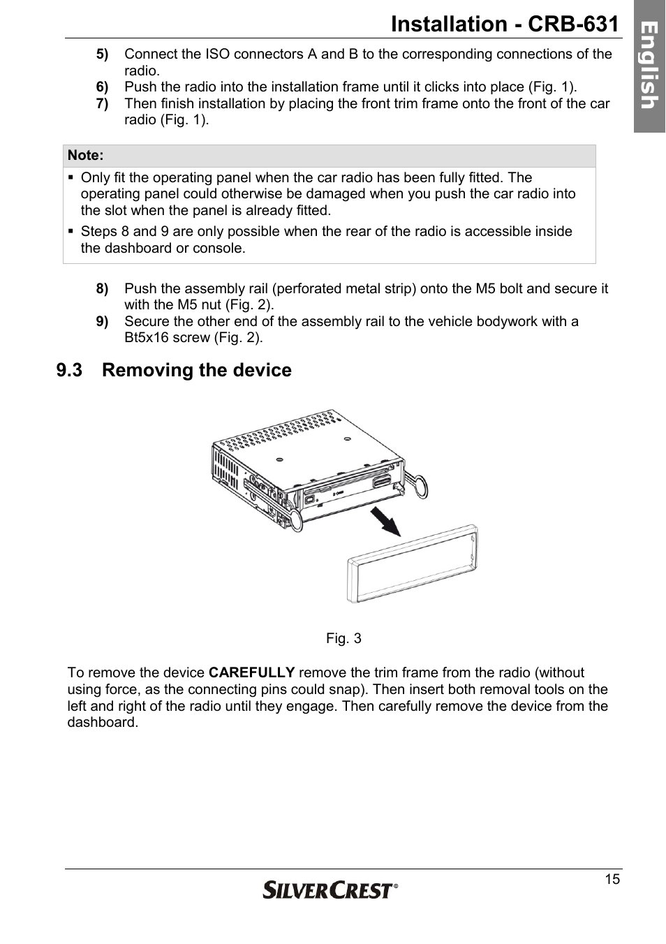Installation - crb-631, En g lish, 3 removing the device | Silvercrest CRB-631 User Manual | Page 15 / 44