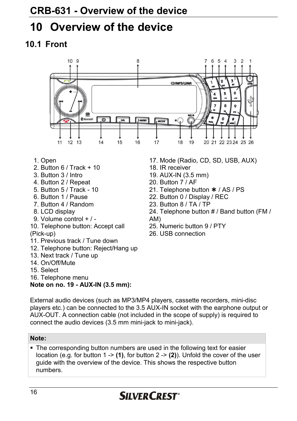 10 overview of the device, Crb-631 - overview of the device, 1 front | Silvercrest CRB-631 User Manual | Page 16 / 44