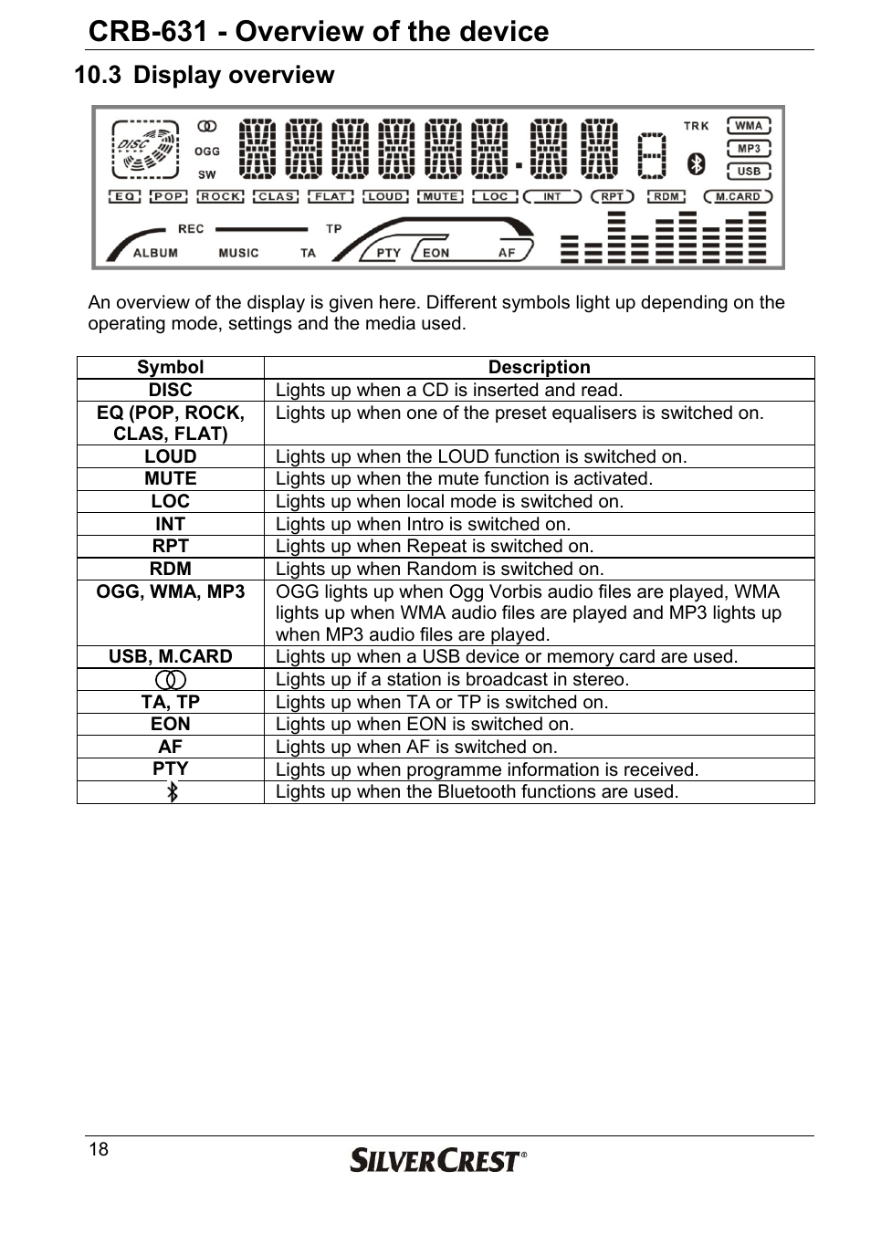 Crb-631 - overview of the device, 3 display overview | Silvercrest CRB-631 User Manual | Page 18 / 44