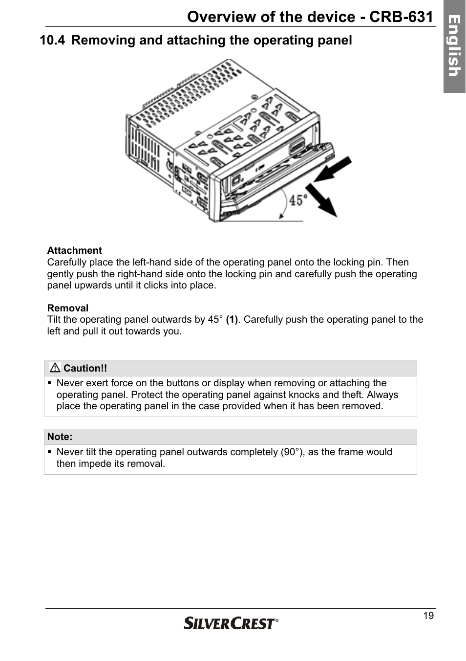 Overview of the device - crb-631, En g lish, 4 removing and attaching the operating panel | Silvercrest CRB-631 User Manual | Page 19 / 44
