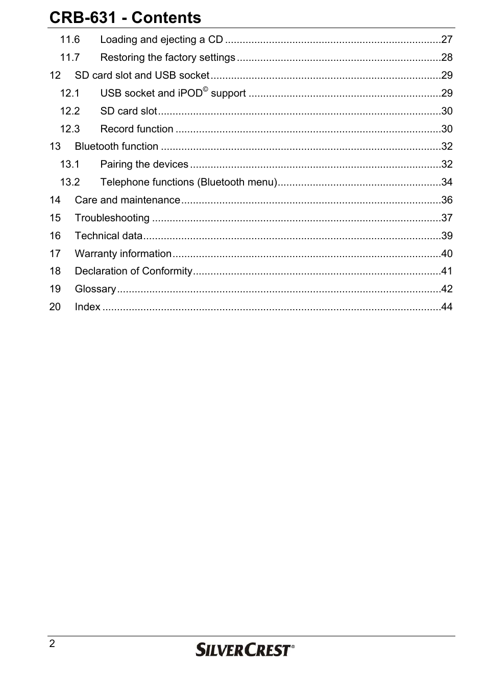 Crb-631 - contents | Silvercrest CRB-631 User Manual | Page 2 / 44