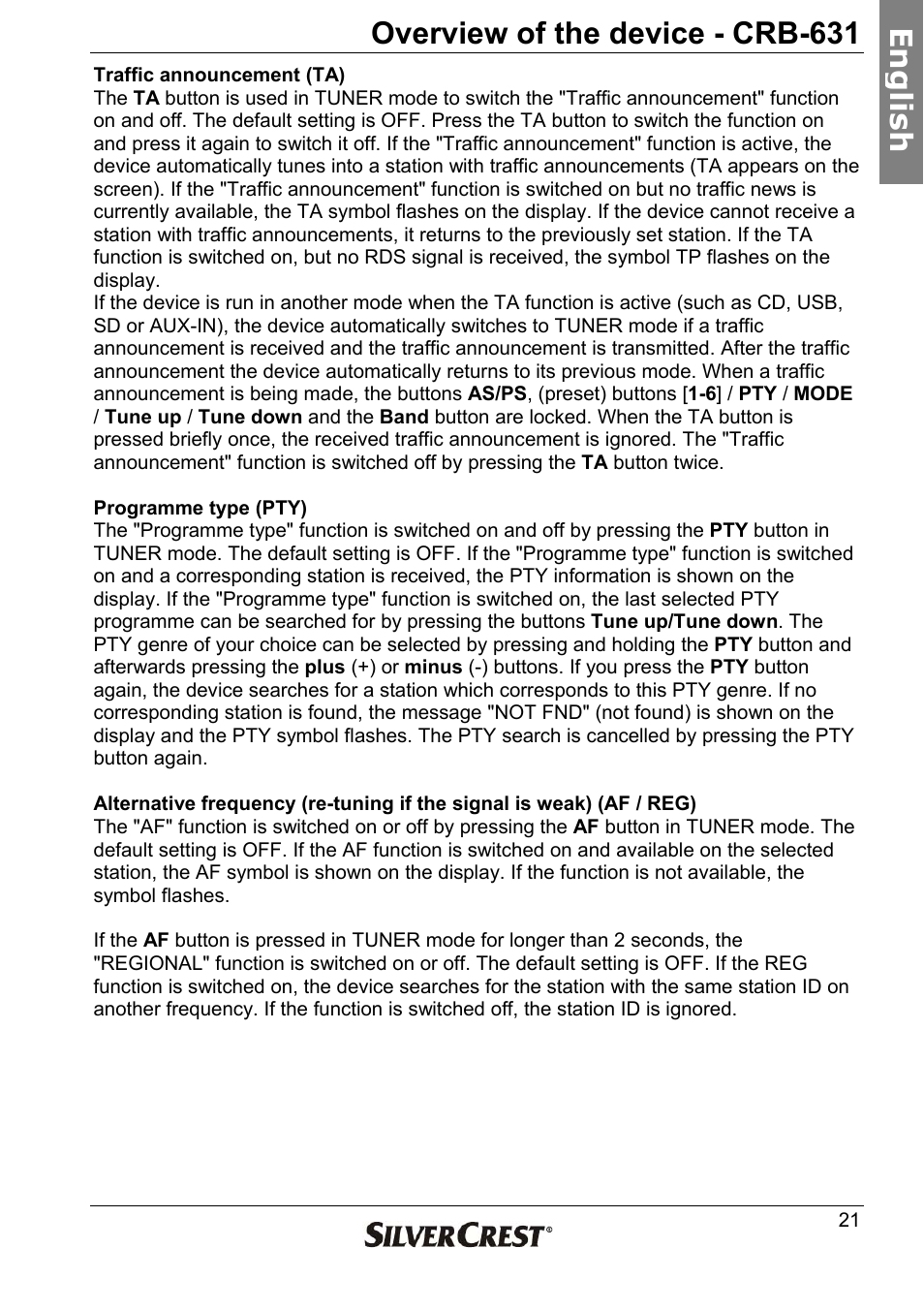 Overview of the device - crb-631, En g lish | Silvercrest CRB-631 User Manual | Page 21 / 44
