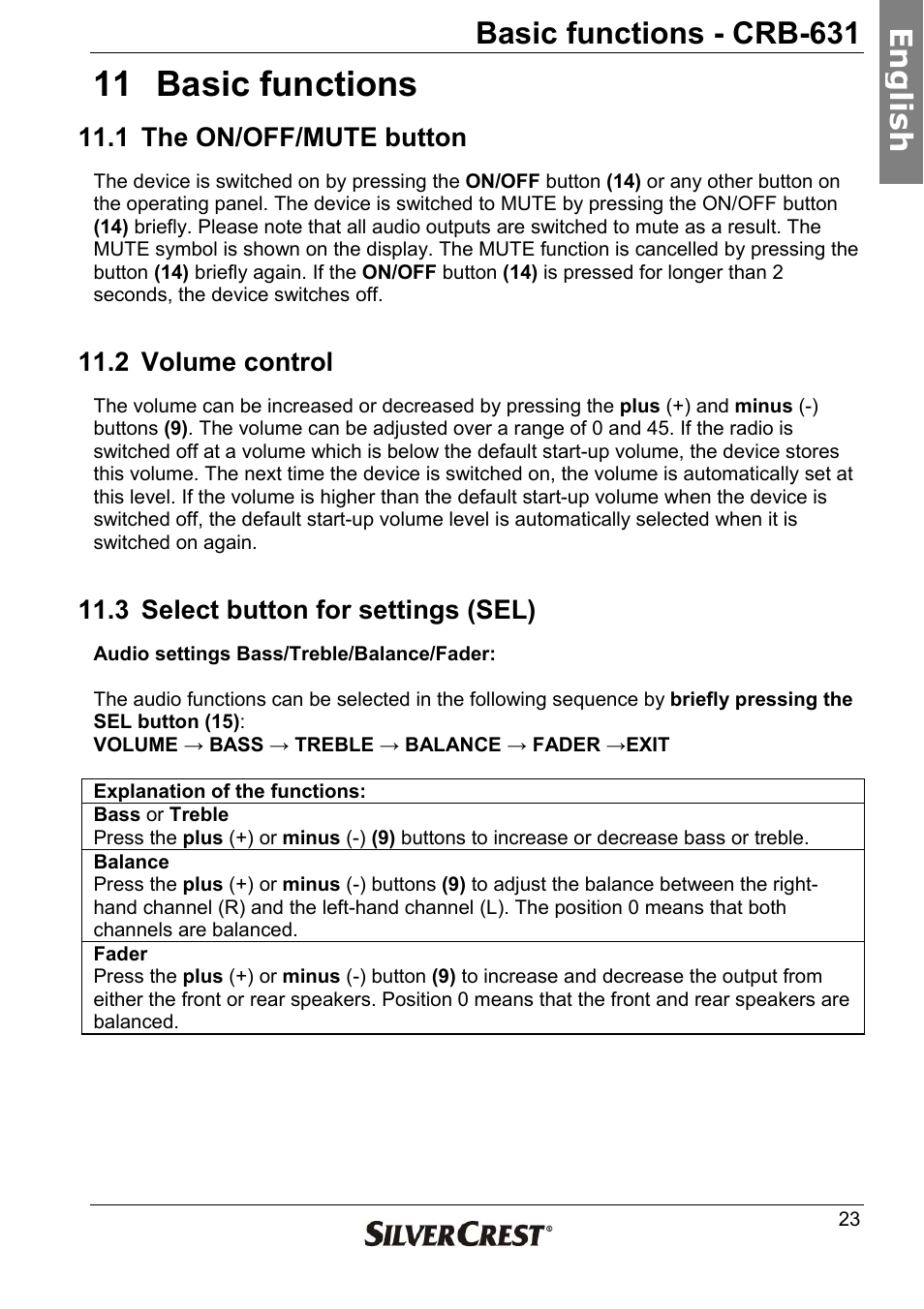 11 basic functions, Basic functions - crb-631, En g lish | Silvercrest CRB-631 User Manual | Page 23 / 44