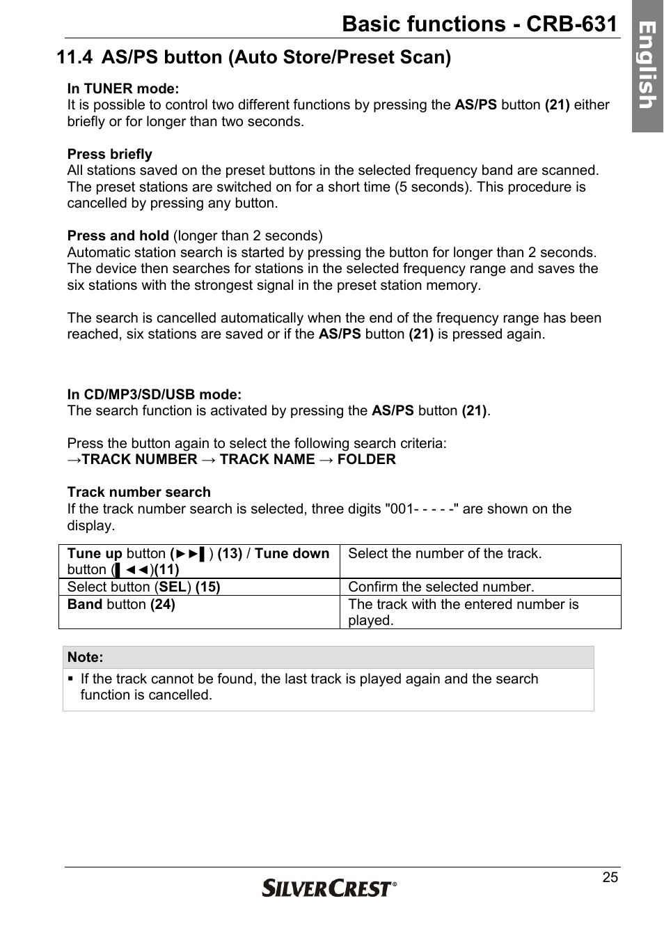 Basic functions - crb-631, En g lish, 4 as/ps button (auto store/preset scan) | Silvercrest CRB-631 User Manual | Page 25 / 44