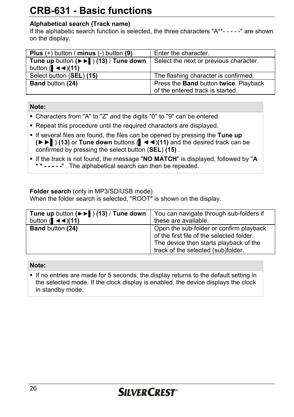 Crb-631 - basic functions | Silvercrest CRB-631 User Manual | Page 26 / 44