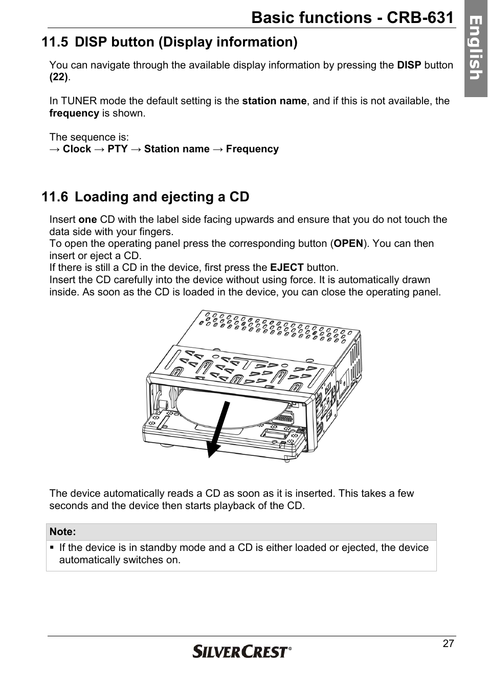 Basic functions - crb-631, En g lish, 5 disp button (display information) | 6 loading and ejecting a cd | Silvercrest CRB-631 User Manual | Page 27 / 44