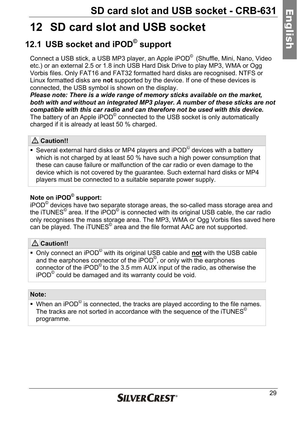 12 sd card slot and usb socket, Sd card slot and usb socket - crb-631, En g lish | 1 usb socket and ipod, Support | Silvercrest CRB-631 User Manual | Page 29 / 44