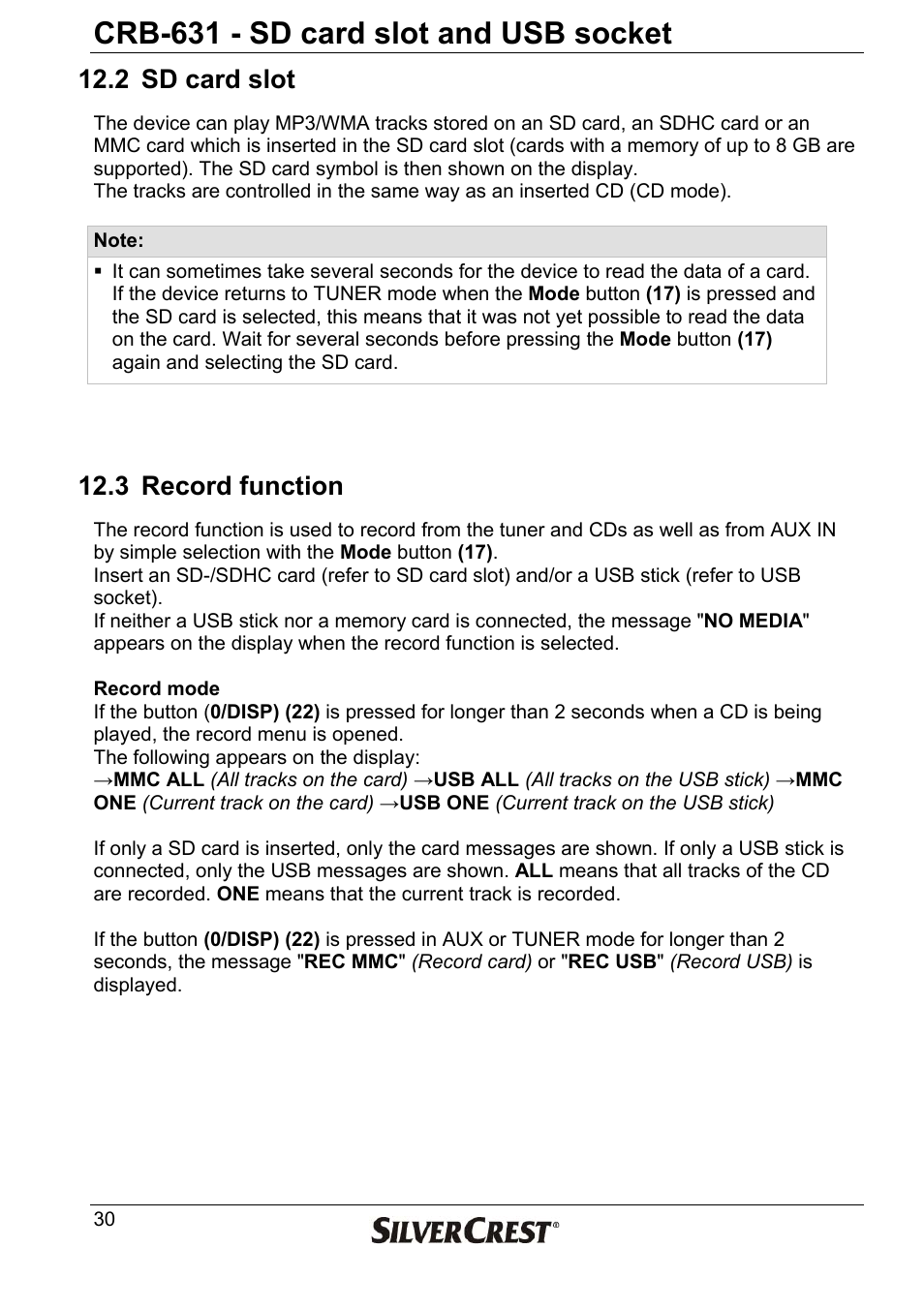 Crb-631 - sd card slot and usb socket, 2 sd card slot, 3 record function | Silvercrest CRB-631 User Manual | Page 30 / 44