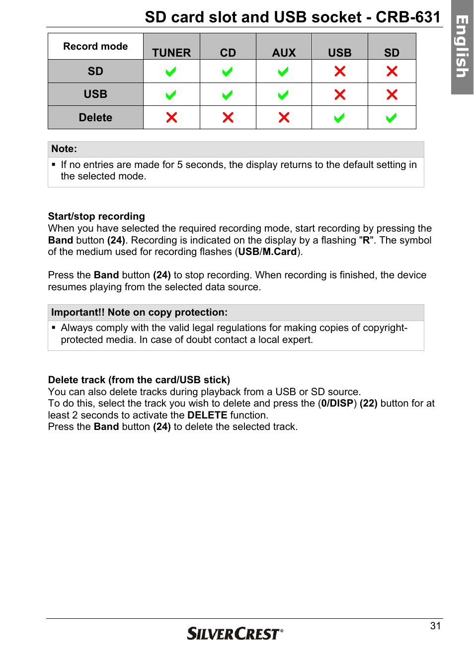 Sd card slot and usb socket - crb-631, En g lish | Silvercrest CRB-631 User Manual | Page 31 / 44