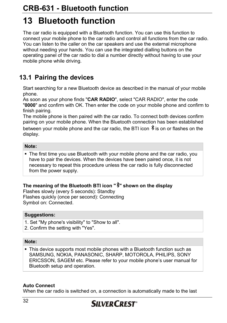 13 bluetooth function, Crb-631 - bluetooth function, 1 pairing the devices | Silvercrest CRB-631 User Manual | Page 32 / 44